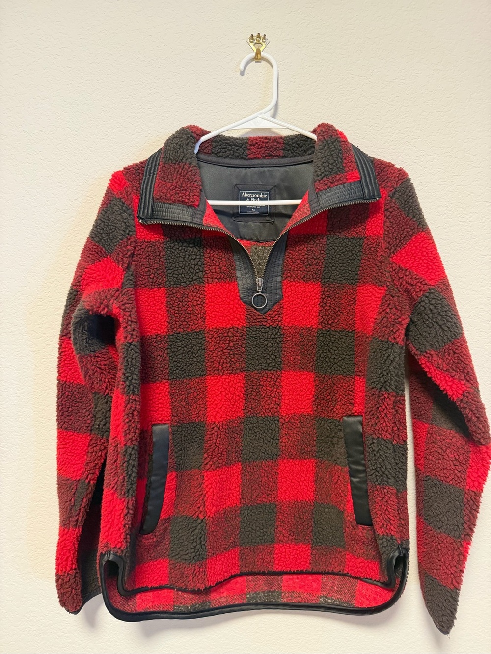 Abercrombie & Fitch Red and Black Buffalo Check Sherpa Half-Zip